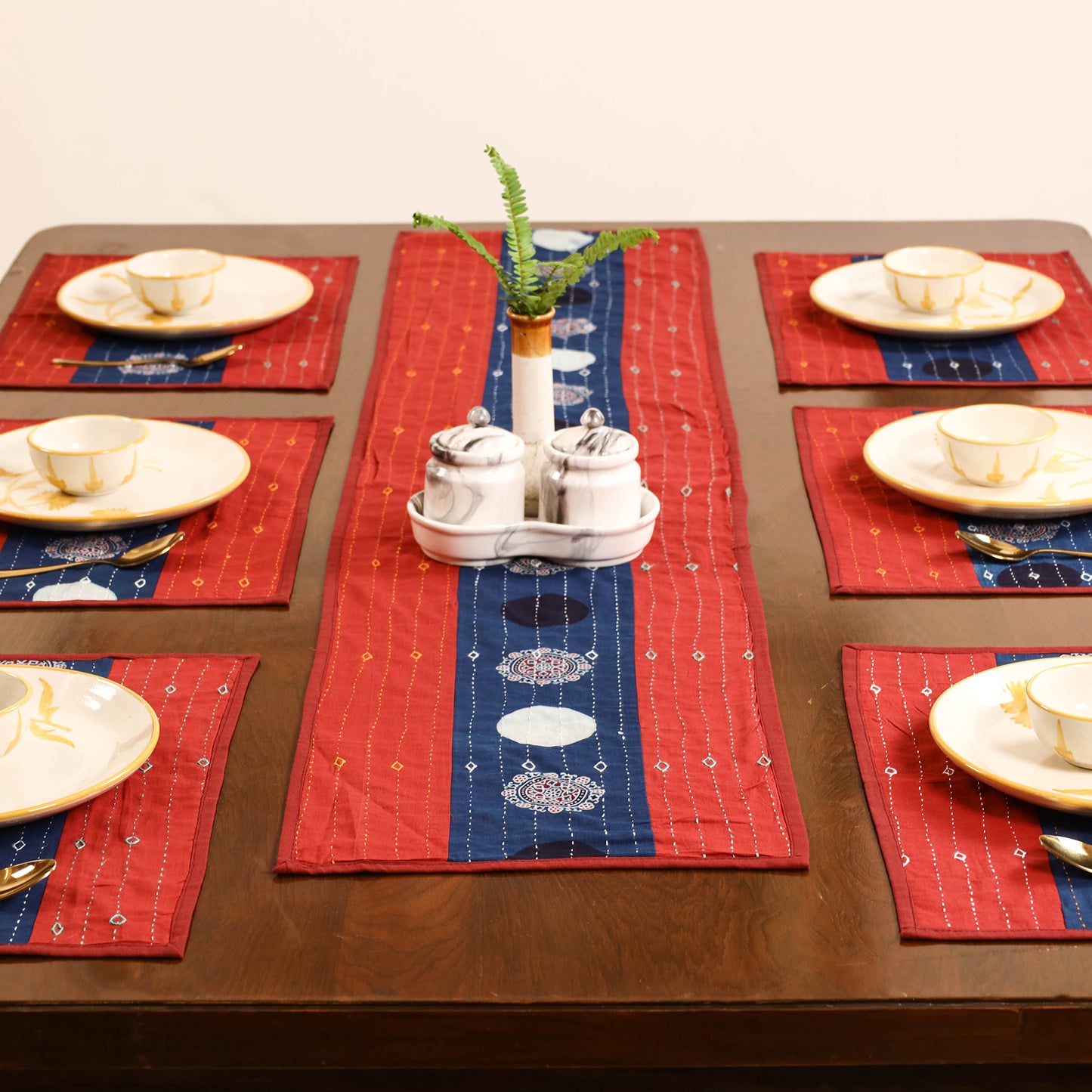 Red - Tagai Work Ajrakh Block Print Cotton Dining Table Runner with Mat Set 31