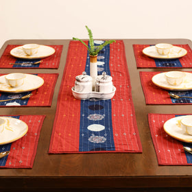 Red - Tagai Work Ajrakh Block Print Cotton Dining Table Runner with Mat Set 31
