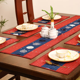 Red - Tagai Work Ajrakh Block Print Cotton Dining Table Runner with Mat Set 31
