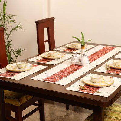 Tagai Work Ajrakh Block Print Cotton Dining Table Runner with Mat Set 32