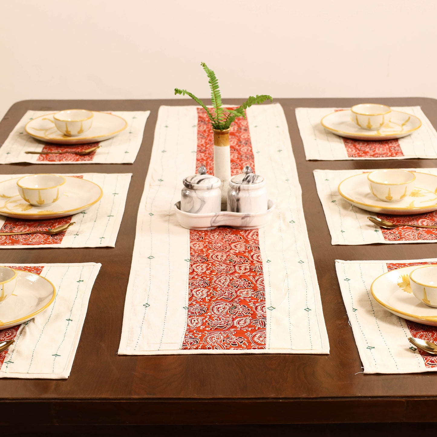 Tagai Work Ajrakh Block Print Cotton Dining Table Runner with Mat Set 32