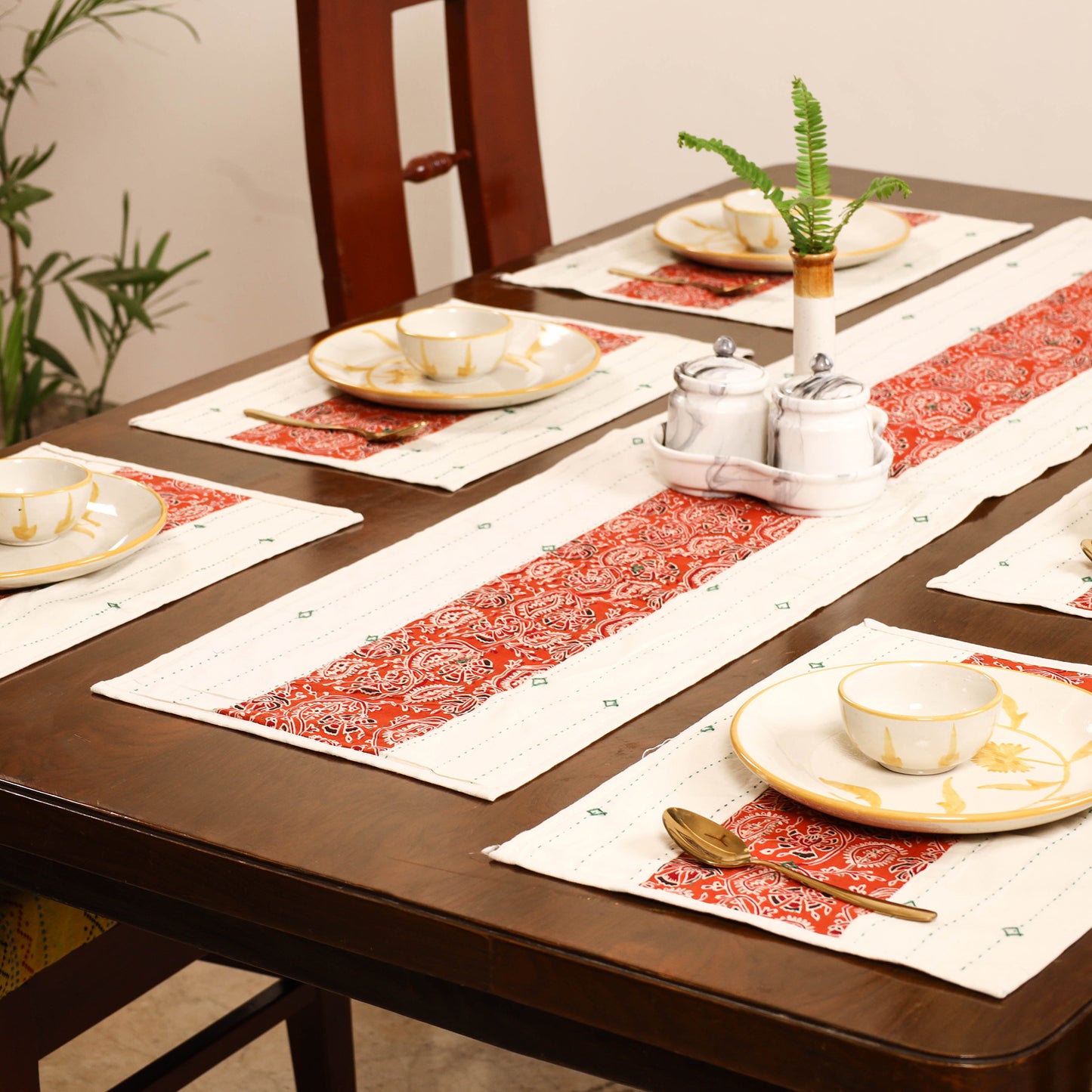 Tagai Work Ajrakh Block Print Cotton Dining Table Runner with Mat Set 32