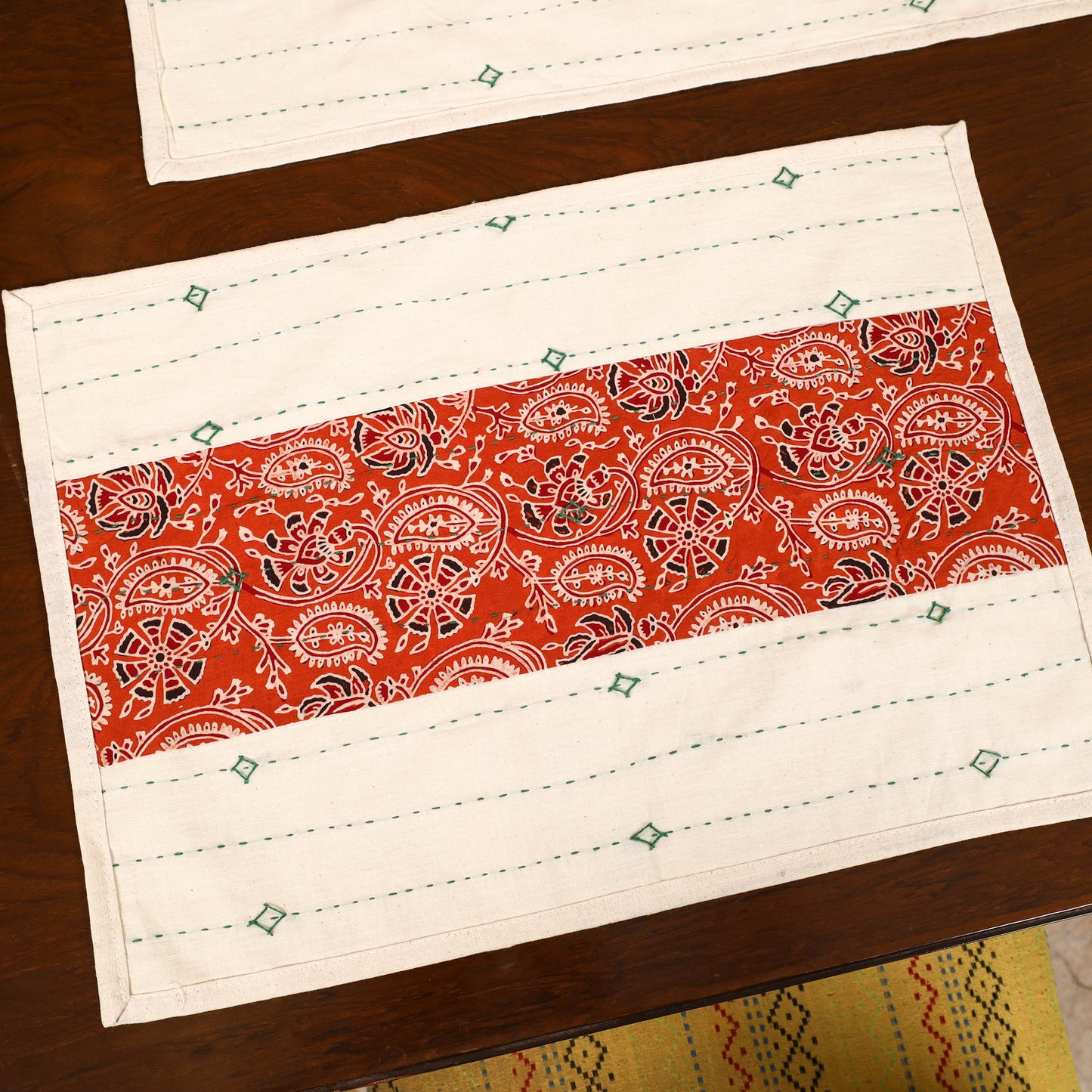 Tagai Work Ajrakh Block Print Cotton Dining Table Runner with Mat Set 32
