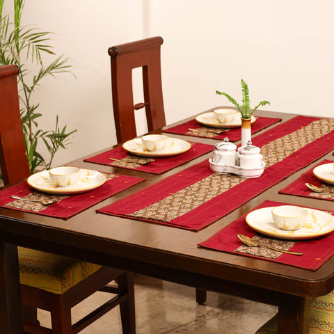 Tagai Work Ajrakh Block Print Cotton Dining Table Runner with Mat Set 33