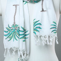 White - Sanganeri Block Printed Cotton Stole with Tassels 103