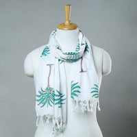 White - Sanganeri Block Printed Cotton Stole with Tassels 103