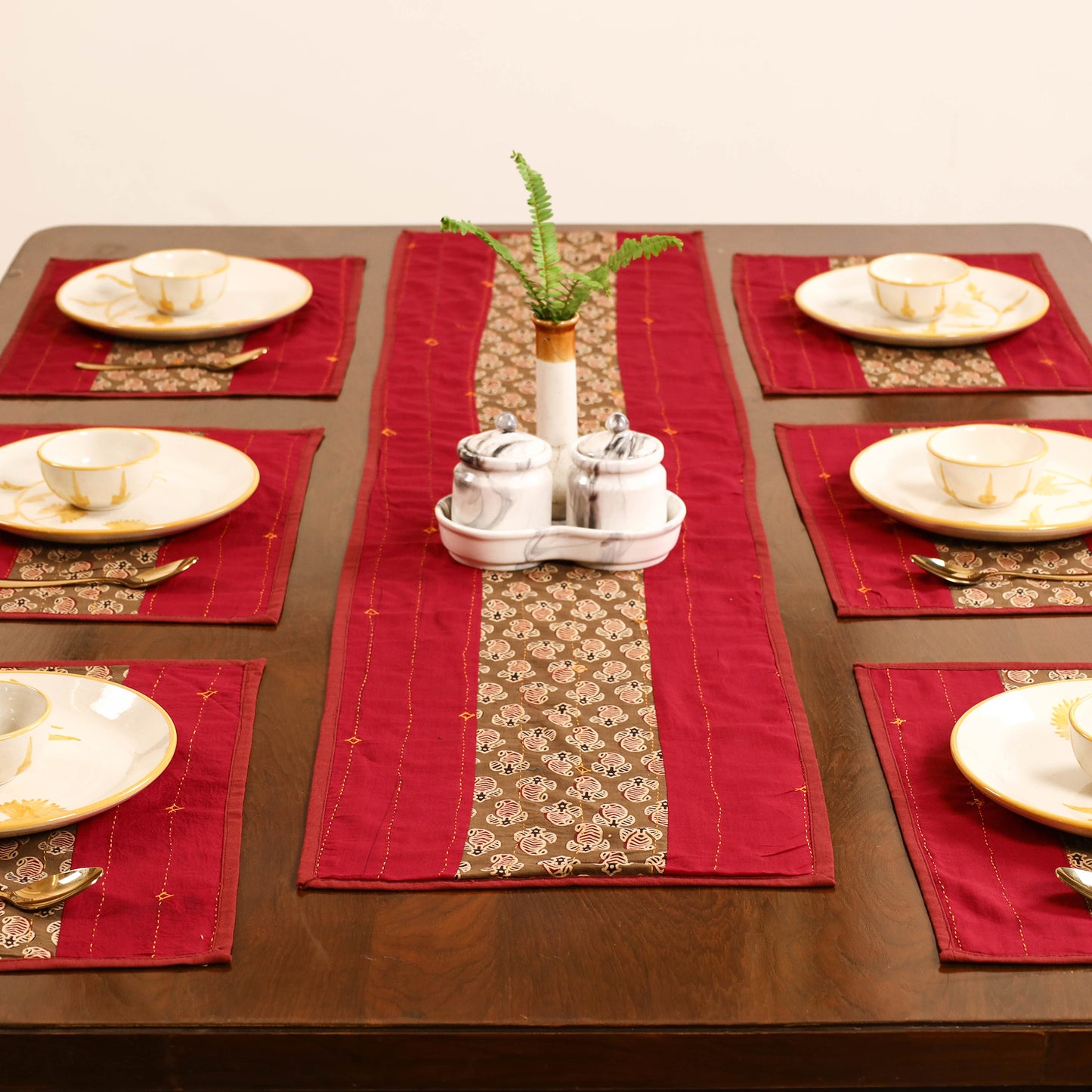 Red - Tagai Work Ajrakh Block Print Cotton Dining Table Runner with Mat Set 33