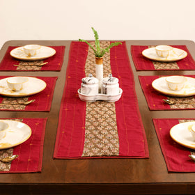 Red - Tagai Work Ajrakh Block Print Cotton Dining Table Runner with Mat Set 33