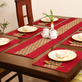 Red - Tagai Work Ajrakh Block Print Cotton Dining Table Runner with Mat Set 33