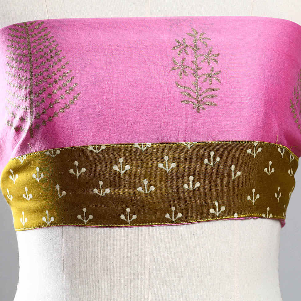 Pink - Sanganeri Gold Block Printed Chanderi Silk Blouse Piece 50