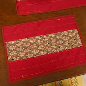 Red - Tagai Work Ajrakh Block Print Cotton Dining Table Runner with Mat Set 33