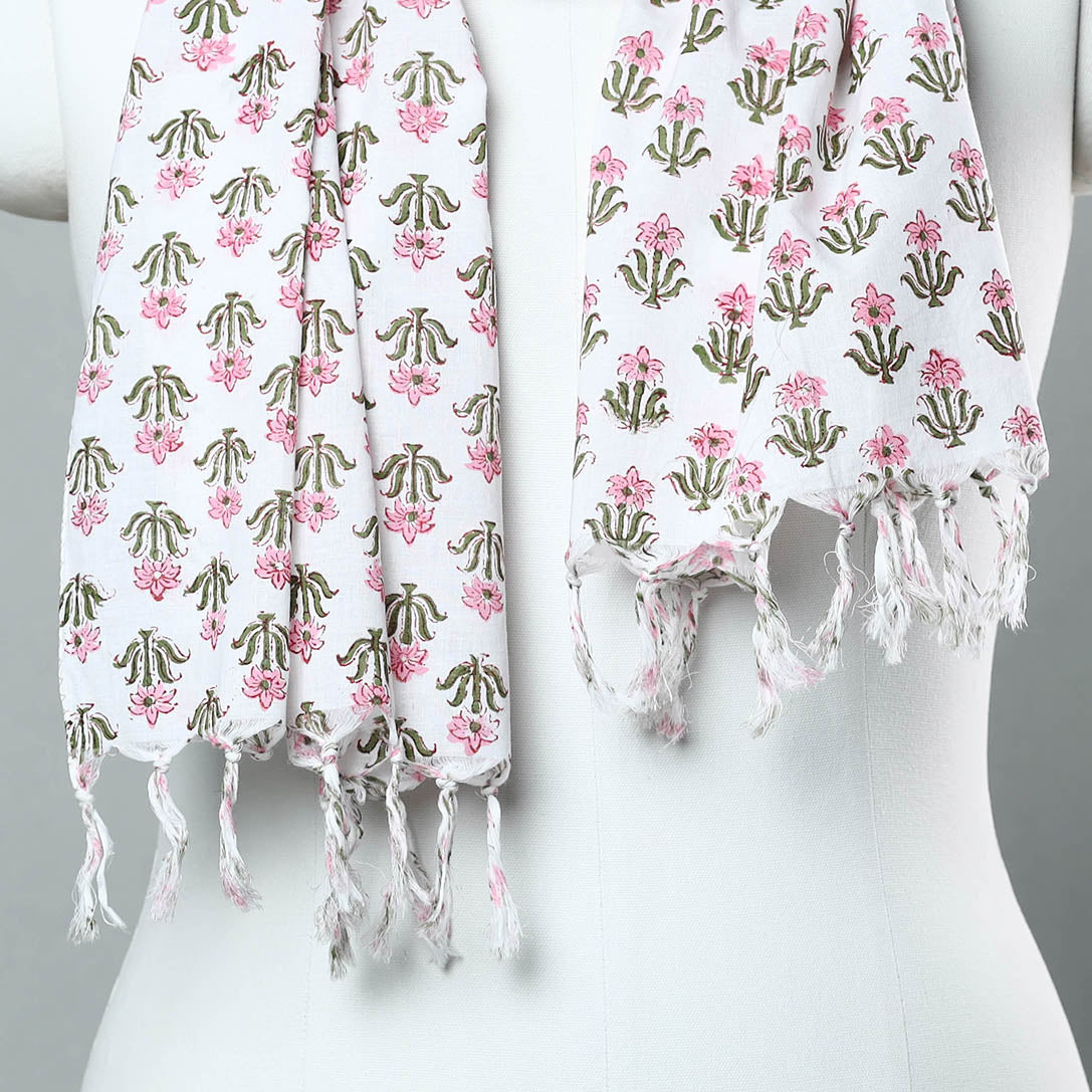 Multicolor - Sanganeri Block Printed Cotton Stole with Tassels 106