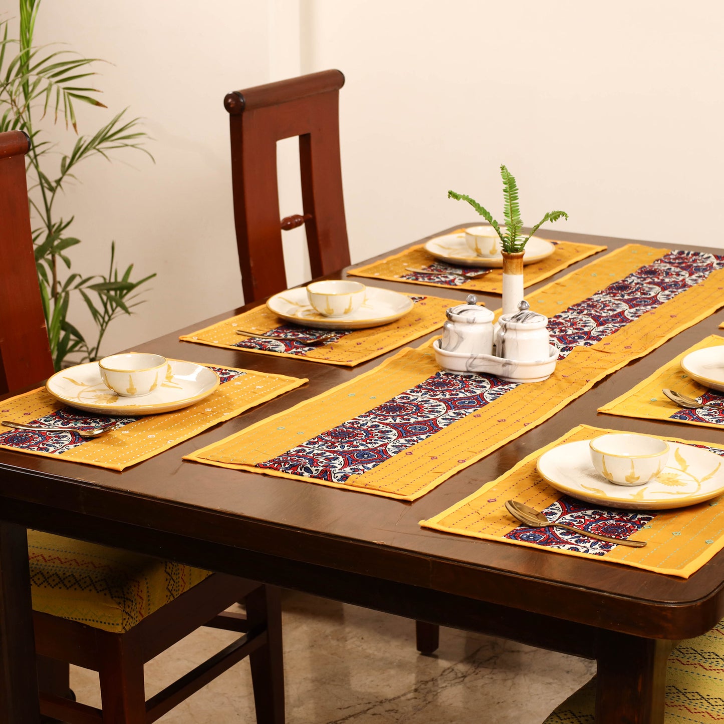 Tagai Work Ajrakh Block Print Cotton Dining Table Runner with Mat Set 34