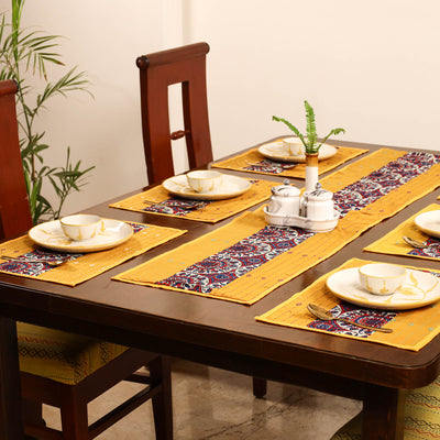 Tagai Work Ajrakh Block Print Cotton Dining Table Runner with Mat Set 34