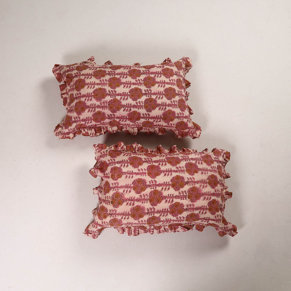 Peach - Set of 2 Bagru Block Print Cotton Frill Pillow Covers 39