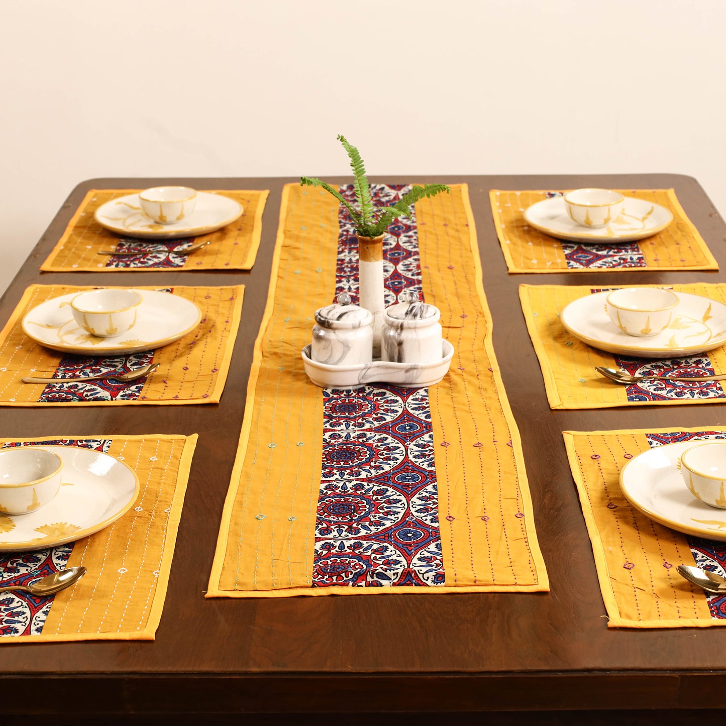 Tagai Work Ajrakh Block Print Cotton Dining Table Runner with Mat Set 34