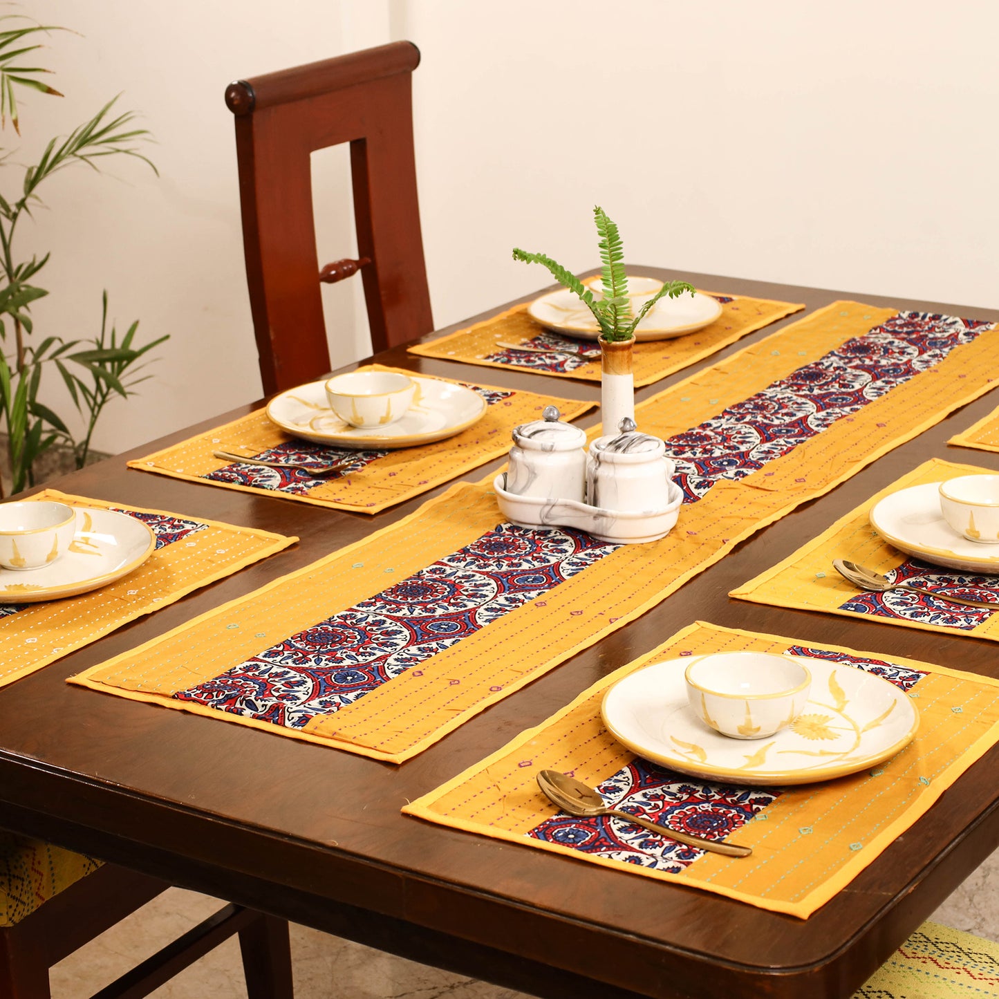 Tagai Work Ajrakh Block Print Cotton Dining Table Runner with Mat Set 34