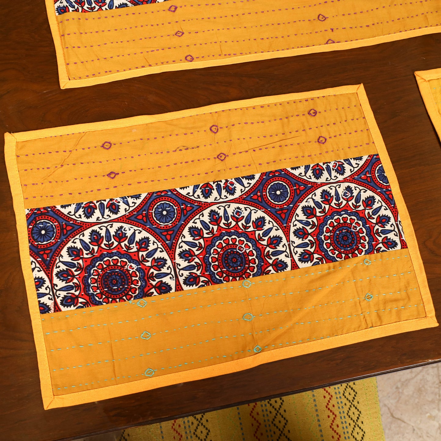 Tagai Work Ajrakh Block Print Cotton Dining Table Runner with Mat Set 34