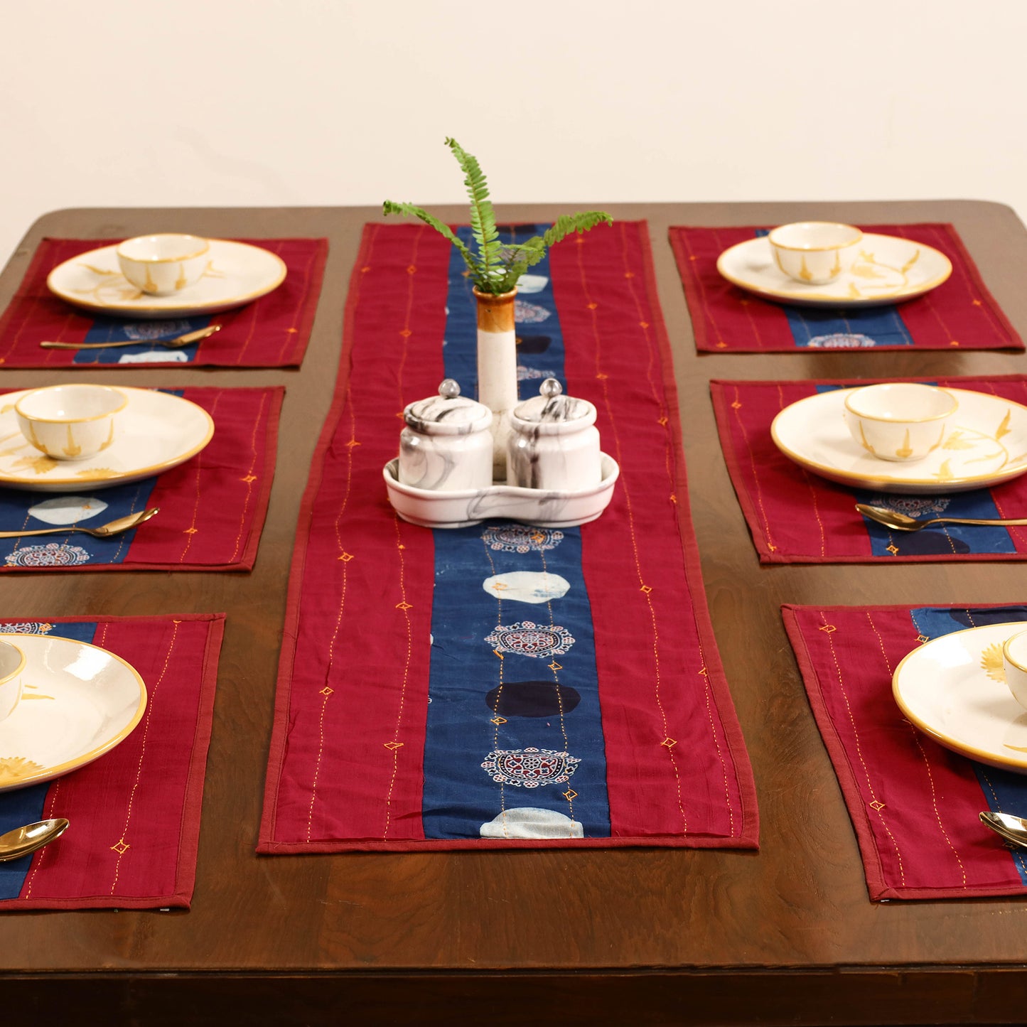 Tagai Work Ajrakh Block Print Cotton Dining Table Runner with Mat Set 35