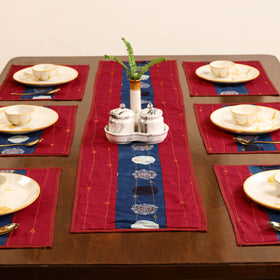 Tagai Work Ajrakh Block Print Cotton Dining Table Runner with Mat Set 35