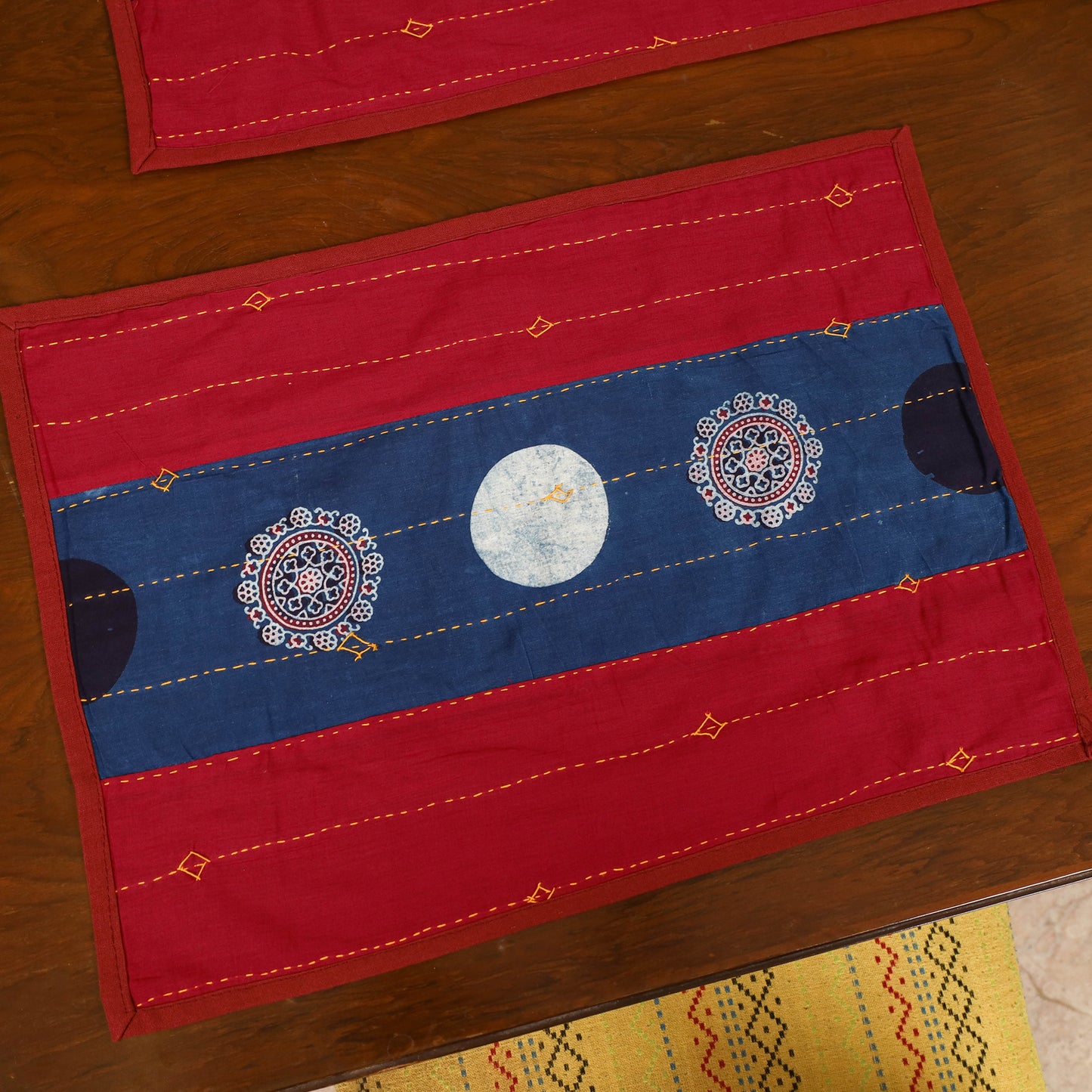 Tagai Work Ajrakh Block Print Cotton Dining Table Runner with Mat Set 35