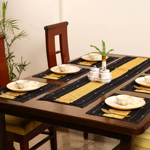 Tagai Work Ajrakh Block Print Cotton Dining Table Runner with Mat Set 36