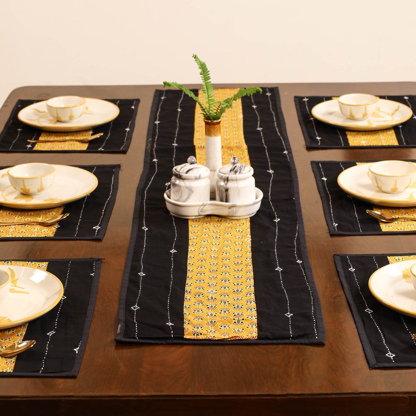 Black - Tagai Work Ajrakh Block Print Cotton Dining Table Runner with Mat Set 36
