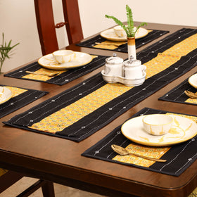 Black - Tagai Work Ajrakh Block Print Cotton Dining Table Runner with Mat Set 36