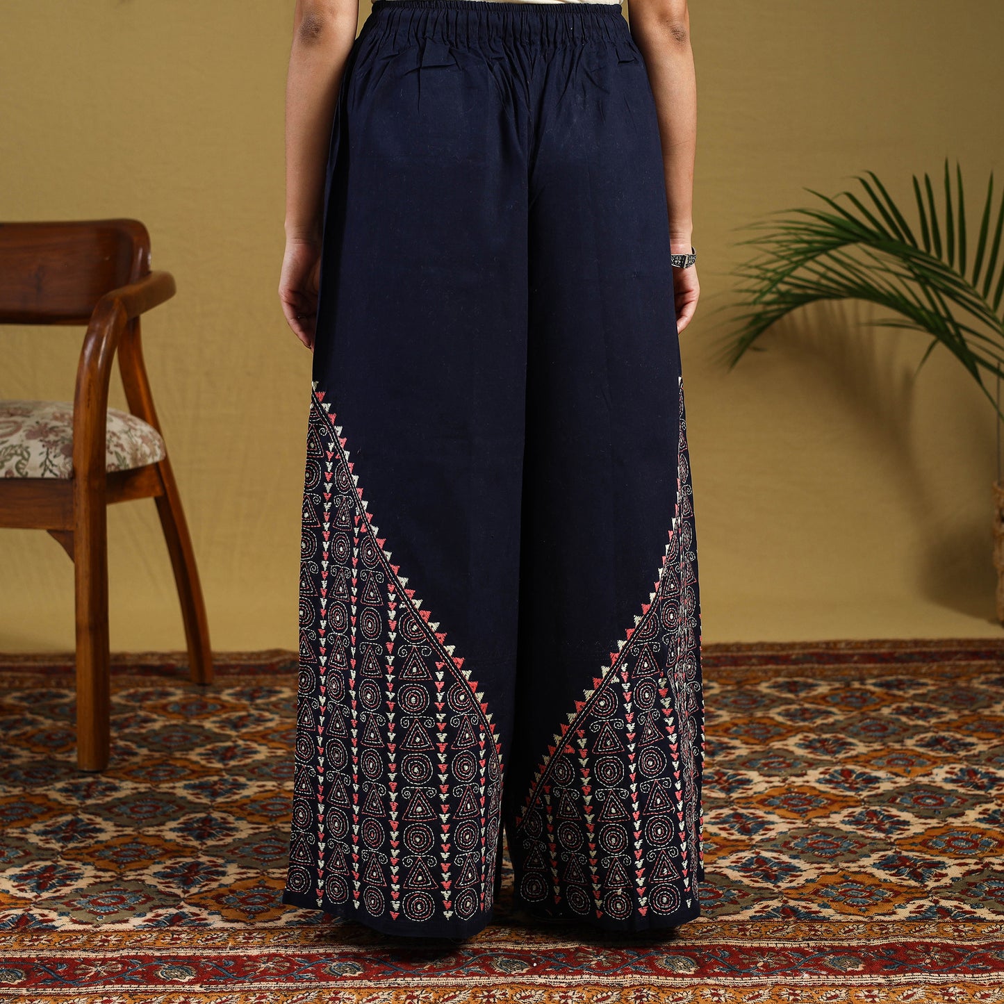 Buy Blue Cotton Bengal Kantha Hand Embroidery Palazzo