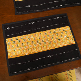 Black - Tagai Work Ajrakh Block Print Cotton Dining Table Runner with Mat Set 36