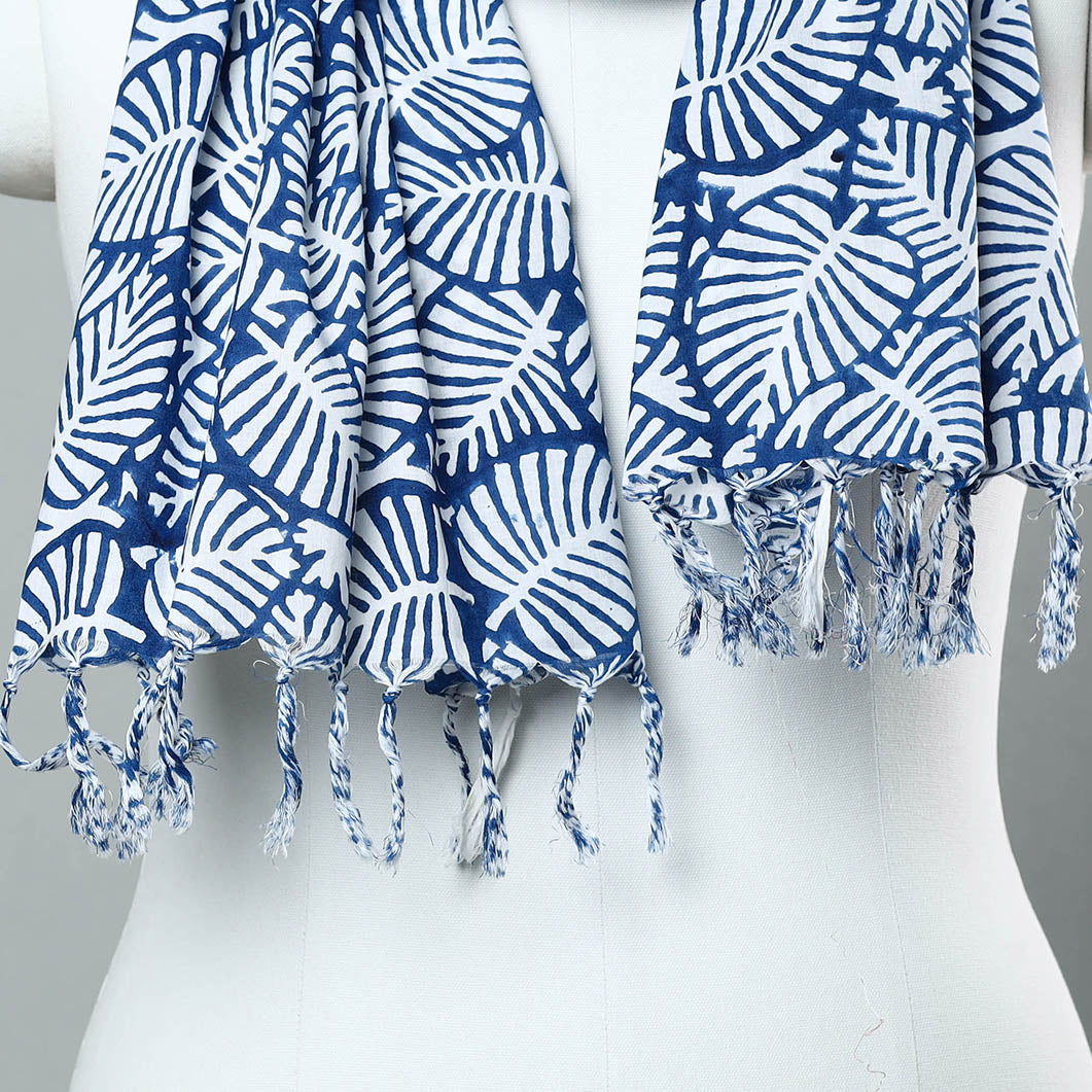 Blue - Sanganeri Block Printed Cotton Stole with Tassels 117