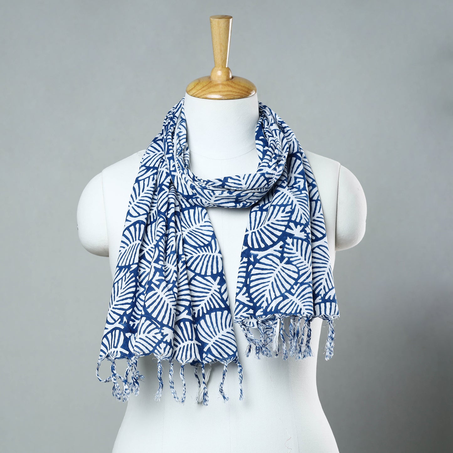 Blue - Sanganeri Block Printed Cotton Stole with Tassels 117