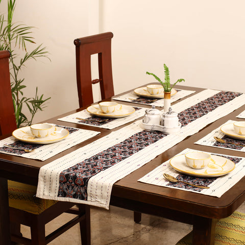 Tagai Work Ajrakh Block Print Cotton Dining Table Runner with Mat Set 37