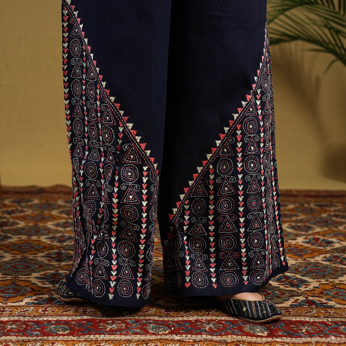 Buy Blue Cotton Bengal Kantha Hand Embroidery Palazzo