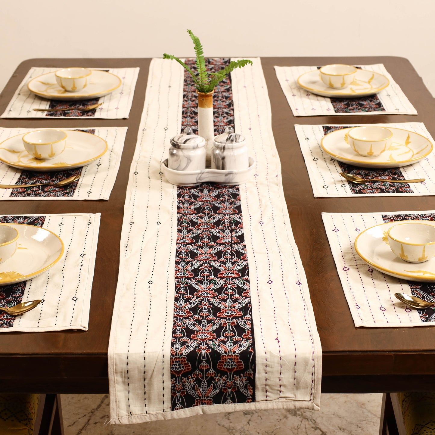 Beige - Tagai Work Ajrakh Block Print Cotton Dining Table Runner with Mat Set 37