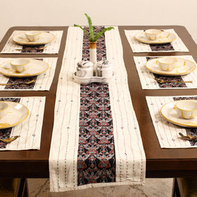 Beige - Tagai Work Ajrakh Block Print Cotton Dining Table Runner with Mat Set 37