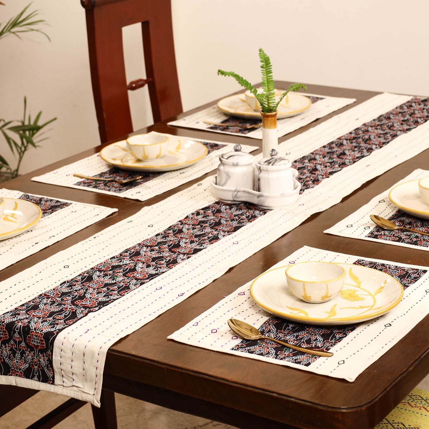Beige - Tagai Work Ajrakh Block Print Cotton Dining Table Runner with Mat Set 37