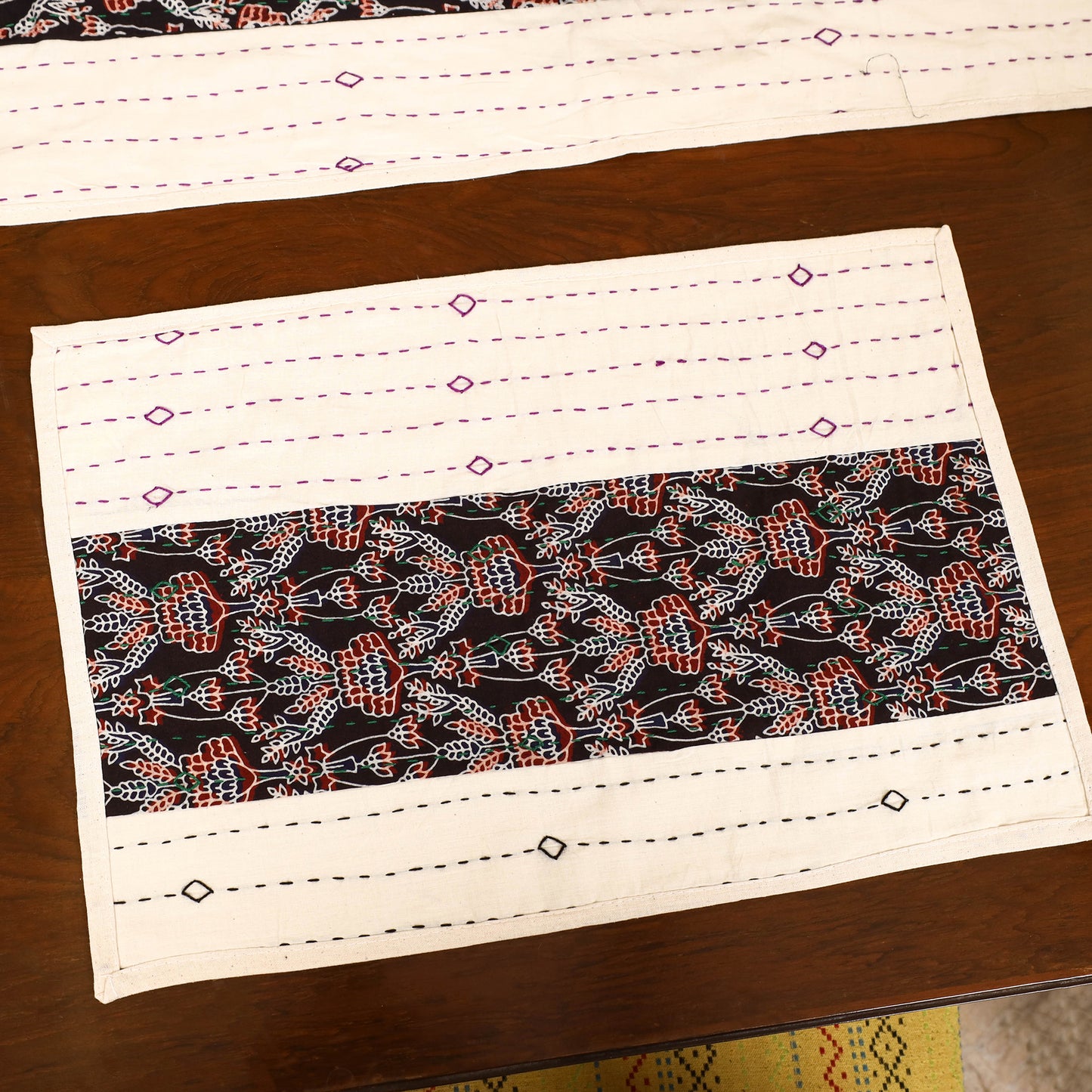 Beige - Tagai Work Ajrakh Block Print Cotton Dining Table Runner with Mat Set 37