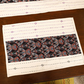 Beige - Tagai Work Ajrakh Block Print Cotton Dining Table Runner with Mat Set 37
