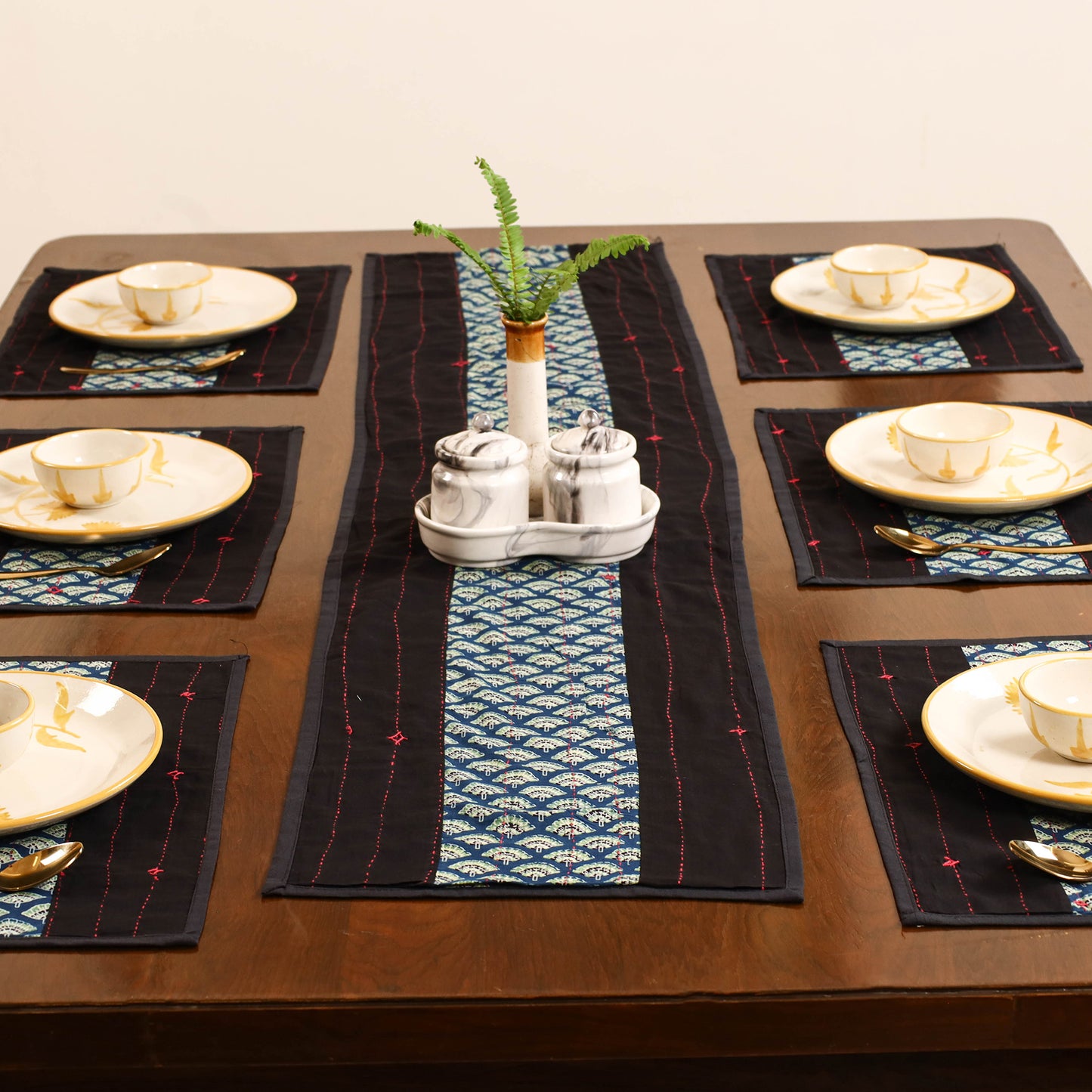 Tagai Work Ajrakh Block Print Cotton Dining Table Runner with Mat Set 38