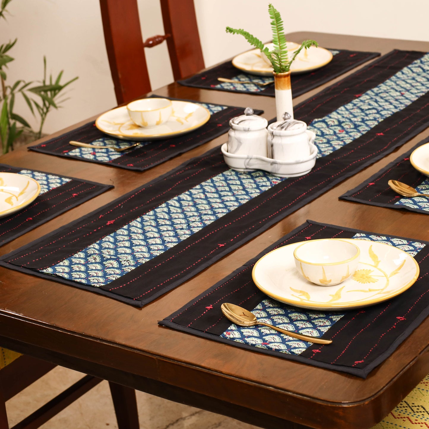 Tagai Work Ajrakh Block Print Cotton Dining Table Runner with Mat Set 38