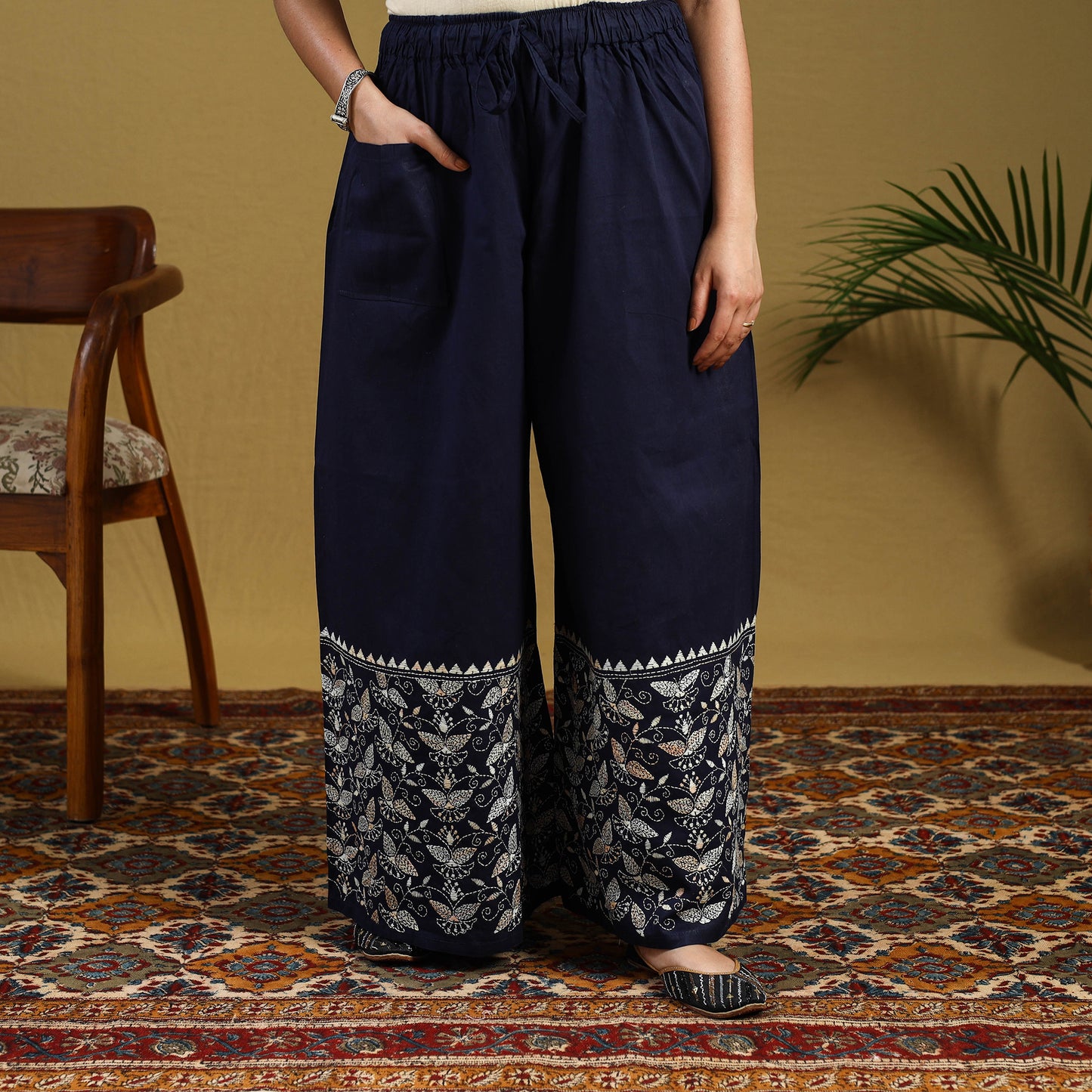  Blue Cotton Bengal Kantha Hand Embroidery Palazzo