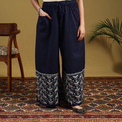  Blue Cotton Bengal Kantha Hand Embroidery Palazzo