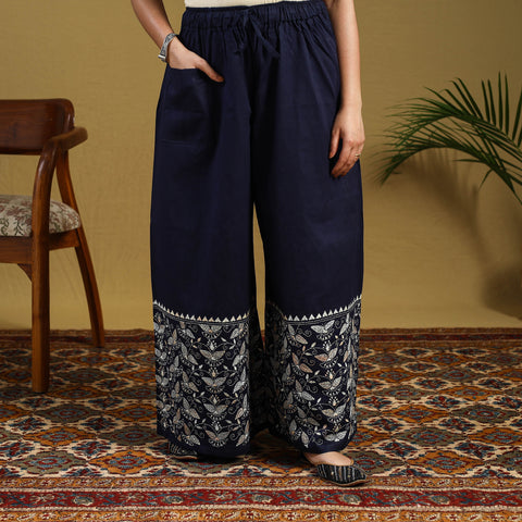  Blue Cotton Bengal Kantha Hand Embroidery Palazzo