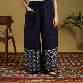  Blue Cotton Bengal Kantha Hand Embroidery Palazzo