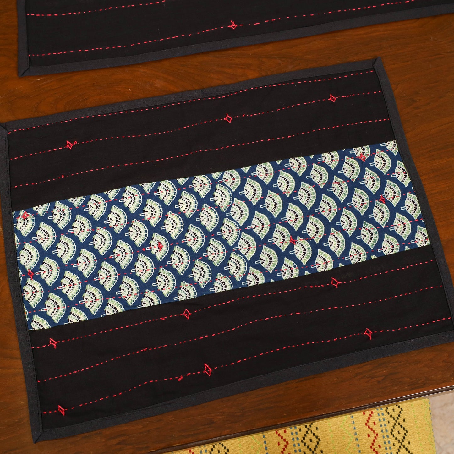 Tagai Work Ajrakh Block Print Cotton Dining Table Runner with Mat Set 38