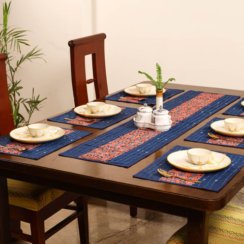 Tagai Work Ajrakh Block Print Cotton Dining Table Runner with Mat Set 39