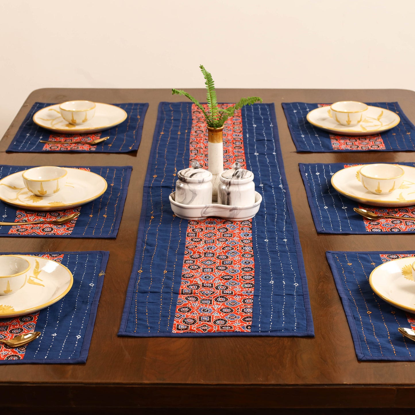 Blue - Tagai Work Ajrakh Block Print Cotton Dining Table Runner with Mat Set 39