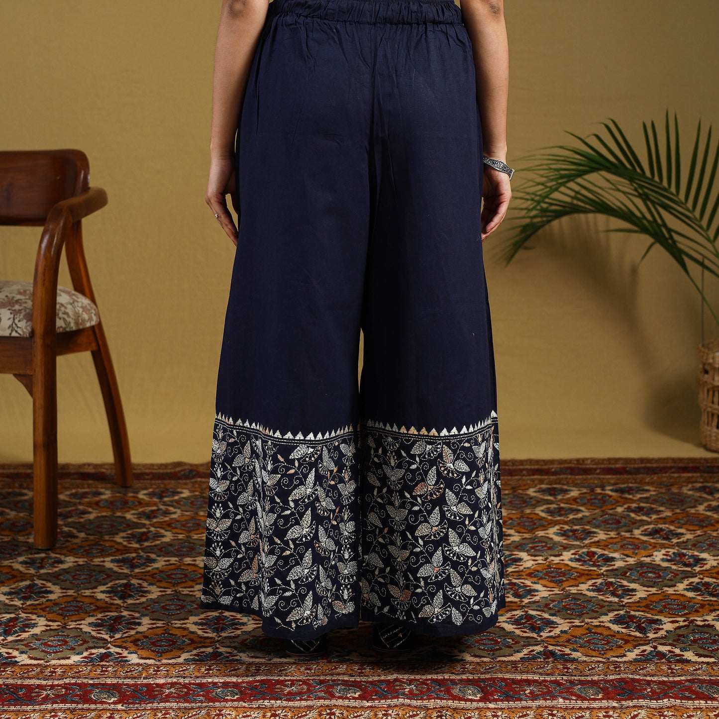  Blue Cotton Bengal Kantha Hand Embroidery Palazzo