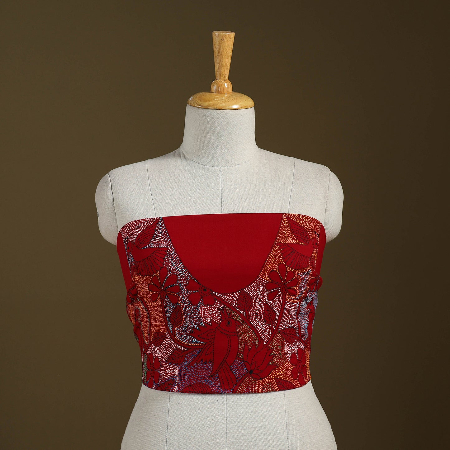 Red Cotton Bengal Kantha Stitch Blouse Piece 